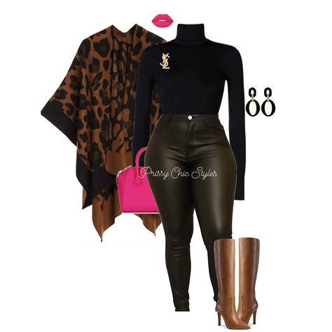 Leopard layers, bold boots, and a pop of pink—yes, please! 🖤 • This look is serving sleek sophistication with a touch of chic. Whether you’re stepping out for a day date or brunch with the divas, this chic style has you covered. • Loving how the leopard print poncho takes this all-black outfit to the next level, while those knee-high boots add the perfect finishing touch. • Want to steal this style? Head to my Amazon storefront and shop these must-have pieces! Link in bio, babes! 🖤💄 • #Priss... Pink And Leopard Outfit, Brunch Fits, Cheetah Boots, Church Clothes, Leopard Outfits, Leopard Pumps, Black Jumper, Amazon Storefront, The Leopard