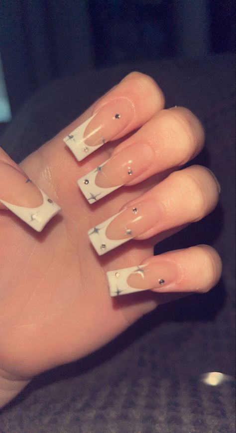 White Acrylic With Gems, White And Silver Nails, White French Tip, White Acrylic Nails, White Tip, Gem Nails, Diamond Nails, Silver Nails, Nail Extensions