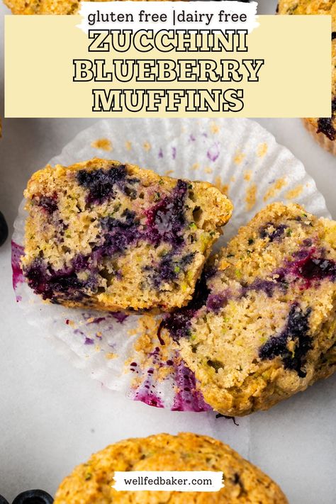 A gluten free zucchini blueberry muffin sliced open showing all the berries inside. Zucchini Blueberry Muffins, Blueberry Muffins Easy, Blueberry Zucchini Muffins, Gluten Free Dairy Free Muffins, Gluten Free Muffin, Zucchini Chocolate Chip Muffins, Muffin Flavors, Easy Blueberry Muffins, Muffins Easy