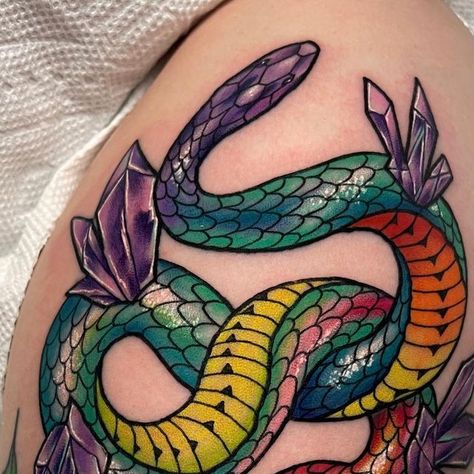 Snake Color Tattoo, Colored Snake Tattoo, Rainbow Snake Tattoo, Colorful Snake Tattoo, Arm Tattoos Color, Rainbow Snake, Serpent Tattoo, Colorful Snakes, Rainbow Tattoos