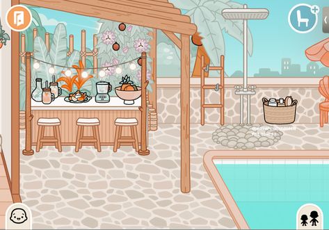 Toca Boca Vacation Pool Villa Ideas Kitchen, Toca Boca Holiday House, Toca Boca Vacation House Ideas, Summer Toca Boca House, Tocaboca Room Ideas Modern Mansion, Toca Boca Room Ideas Vacation Pool Villa, Toca Boca Room Ideas Pool, Toca Boca Pool Villa House Ideas, Toca Boca Vacation Pool Villa Ideas