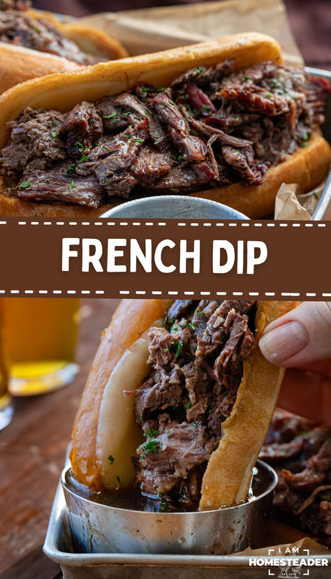 one image shows a sandwich on it's bottom with another one in the background. the second image shows a hand dipping a sandwich in au jus. French Dip Recipe, Roast Beef Au Jus, French Dip Recipes, Beef Au Jus, Au Jus Recipe, Easy Pasta Dinner Recipes, Tender Roast Beef, Steak Sandwich Recipes, Beef Dip