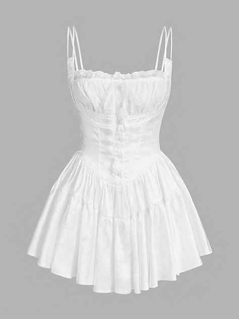 Women's Ballet Bow Coquette Seaside Vacation Sweet Romantic Date Contrast Lace Ruffle Hem Short Summer Vintage Flowy Dress, Homecoming Dress, Halloween Outfits White Party  Sleeveless Woven Fabric Plain Cami Non-Stretch  Women Clothing, size features are:Bust: ,Length: ,Sleeve Length: White Float Dress, White Pirate Dress, Flowy Homecoming Dresses, Coquette Things, Lace Short Outfits, Dr Kids, Coquette Clothes, Float Dress, Bow Coquette