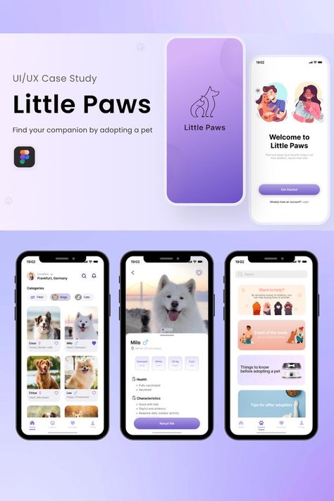 UI/UX Design Pet Adoption App, project portfolio Pet Apps Design, Pet Adoption App Design, Pet App Ui Design, Pet App Design, Home Page Ui Design Mobile App, App Ui Design Inspiration, Ui Ux Designer Portfolio, Ui Ux Design App, Animals Shelter