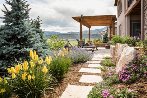 Pergola Walkway, Colorado Backyard, Colorado Landscaping, Drought Resistant Landscaping, Water Wise Landscaping, Front Walkway, Colorado Landscape, Stone Walkway, Garden Walkway