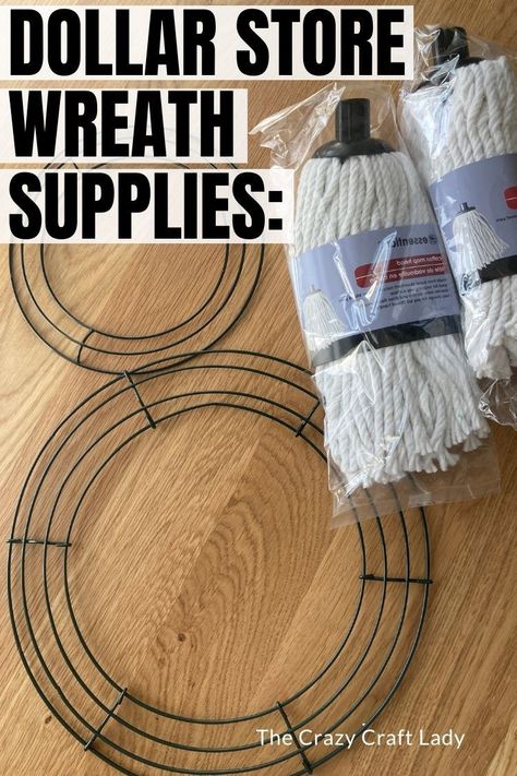 Dollar Store Mop Wreath Supplies Dollar Store Wreaths Diy, Dollar Tree Crafts Wreaths, Dollar Store Mop Wreath, Dollar Store Wreath Ideas, Dollar Tree Bunny Wreath Form Ideas, Mop Crafts Ideas, Dollar Store Snowman Wreath, Dollar Store Easter Crafts, Holiday Wreath Craft