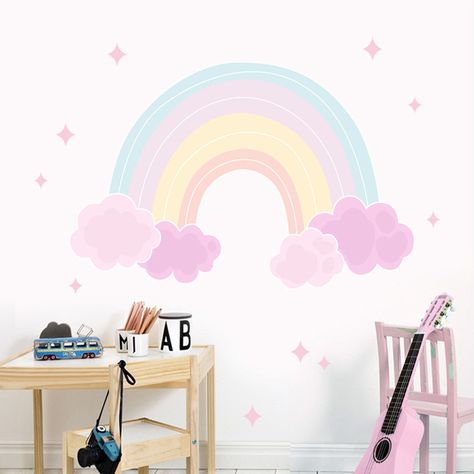 Cartoon Wall Decals Pink Rainbow Clouds Stars Layout Product, Rainbow Wall Mural, Rainbow Mural, Rainbow Clouds, Makeover Bedroom, Magical Rainbow, Rainbow Nursery, Toddler Rooms, Cartoon Wall