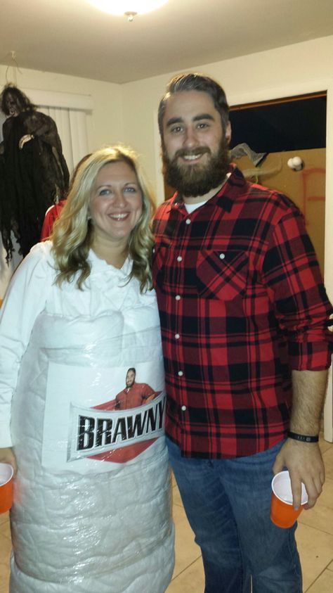 Brawny Man and paper towel Halloween costume -men's plaid shirt -mattress foam pad with mattress pad cover sewed over -printed brawny man and photoshopped boyfriends face -added stretch wrap for plastic wrapper effect Brawny Paper Towel Costume, Brawny Man, Mattress Foam, Bounty Paper Towels, Mens Halloween, Mattress Pad Cover, Plaid Shirt Men, Mens Halloween Costumes, Mattress Pad