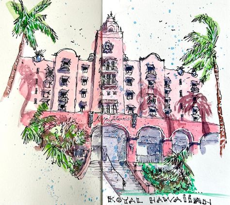 Pen/ink and wash sketch of the Royal Hawaiian (Pink) Hotel #hawaii #waikikibeach #penandwatercolour #penandink #inksketch Pink Hotel, Ink And Wash, Travel Sketches, Waikiki Beach, Ink Sketch, Pen Ink, Architecture Drawing, Pen And Ink, Hawaii