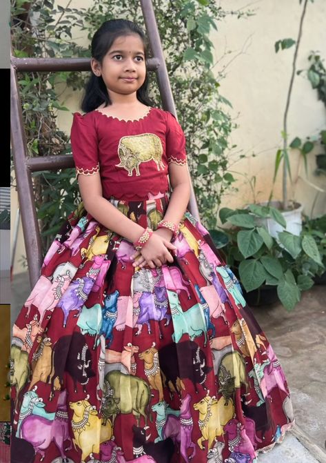 Kids Long Frocks Design Latest, Kalamkari Lehenga, Long Frocks For Kids, Dress Designs For Stitching, Pattu Langa, Kids Frock, Blue Blouse Designs, Frocks For Kids, Kids Dress Collection