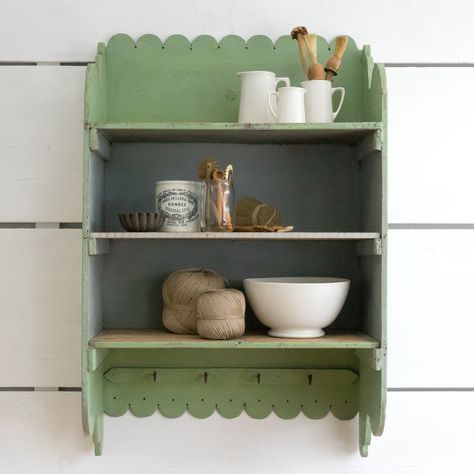 Lovely simply made French shelf in its wonderful original pale green paint. Pale Green Paint, French Shelf, Crown Molding Shelf, Painted Shelf, Colorful Shelf, Green Shelves, Green Painted Walls, Kitchen Wall Shelves, Kitchen Racks