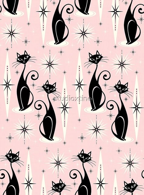 "Mid Century Meow Retro Atomic Cats " by studioxtine | Redbubble Art Deco Cat, Swimsuit Ideas, Cat Dolls, Black Kitties, Atomic Cat, Mid Century Cat, Witchy Decor, Retro Cats, Vintage Life