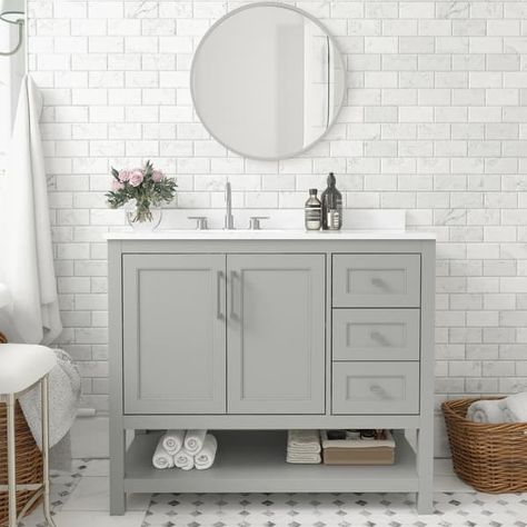 Bathroom Vanity with Sink, Open Storage, and Storage Drawers - On Sale - Bed Bath & Beyond - 38231997 36 Inch Bathroom Vanity, Drop In Kitchen Sink, Ceramic Undermount Sink, Carrara Marble Countertop, Freestanding Bath, White Vanity Bathroom, Chic Bathrooms, Single Sink Bathroom Vanity, Sink Cabinet