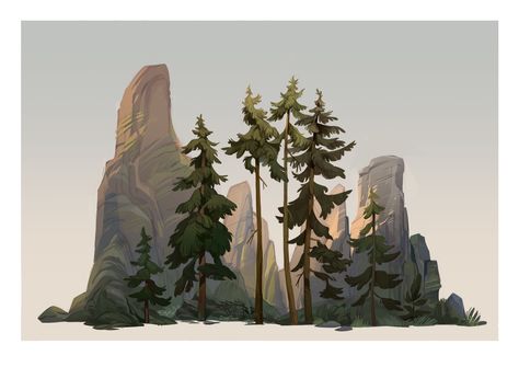 Stylized Tree Concept Art, Woods Concept Art, Environment Concept Art Landscape, Foreground Middleground Background Art, Plants Concept Art, Mountain Concept Art, Tree Concept Art, Tree Perspective, Tree Stylized