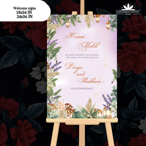 #kesarihaldi #weddingsigns #welcome signages Lavender Theme, Unique Wedding Signs, Welcome Signage, Wedding Edit, Signage Board, Welcome Sign Printable, Welcome Sign Wedding, Welcome Board, Welcome Boards