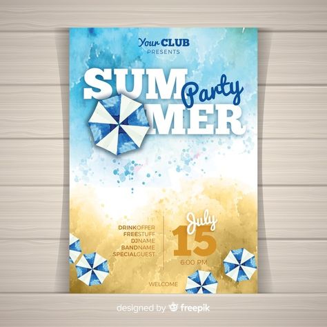 Watercolor summer party poster template | Free Vector #Freepik #freevector #flyer #poster #watercolor #music Summer Party Poster, Poster Template Free, Welcome Design, Welcome Summer, Party Poster, Graphic Editing, Welcome Home, Poster Template, Summer Party