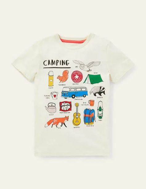 Graphic Camping T-shirt Camp Tshirt Designs, Kids Graphics, Cool Kids Clothes, Camping With Kids, Boys Top, Under The Stars, Kids Prints, Camping Shirt, Mini Boden