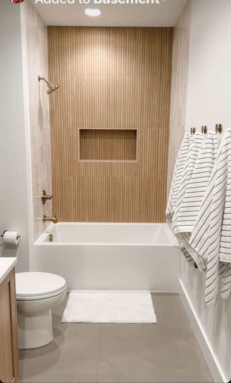 Regular Bathroom Ideas, Small Bath Update, Shower Wall And Floor Tile Same, Bath Tub Insert With Tile, Small Bathroom Inspo Modern, Small Bathroom Wood Tile, Show Tub Combo Ideas, Modern Wood Tile Shower Ideas, Large Panel Shower Tiles