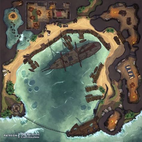 Dnd Boat Map, Port Town Map Dnd, Ocean Battle Map Dnd, Pirate Cove Battlemap, Ocean Battlemap, D&d Boat Map, Isometric Map, Fantasy City Map, Pirates Cove