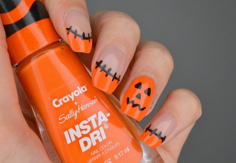 Jack O Lantern Nail Designs, Jackolantern Nails, Jack O Lantern Nails, Candy Corn Nails, Pumpkin Nail Art, Rainbow Nail Art, Spooky Nails, Rainbow Nail, Sally Hansen Nails