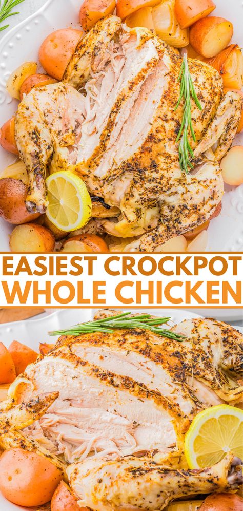 Crock-Pot Whole Chicken - 🍗🙌🏻😋 The EASIEST way to cook a whole chicken because your slow cooker does all the work for you! The chicken is lightly flavored with lemon, garlic and herbs, and turns out so moist, juicy, and tender! Potatoes cook alongside the chicken to create an effortless built-in side dish. Planned leftover chicken is always great to have on hand and if a recipe calls for shredded rotisserie chicken, use this instead! Crockpot Whole Chicken, Cook A Whole Chicken, Shredded Rotisserie Chicken, Leftover Chicken Recipes, Whole Chicken Recipes, Chicken With Olives, Citrus Chicken, Leftover Chicken, Whole Chicken