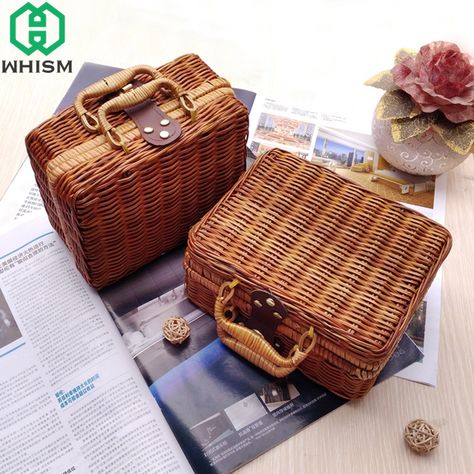 WHISM Travel Picnic Basket Handmade Wicker Storage Case Vintage Suitcase Props Box Weave Bamboo Boxes Outdoor Rattan Organizer-in Storage Baskets from Home & Garden on Aliexpress.com | Alibaba Group Suitcase Storage, Picnic Accessories, Bamboo Box, Small Suitcase, Wicker Picnic Basket, Woven Baskets Storage, Vintage Suitcase, Wicker Bags, Picnic Bag