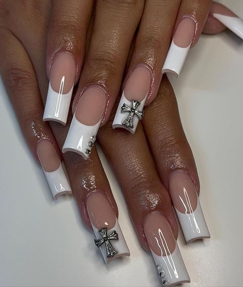 Nails Acrylic With Cross Charm, French Tip Acrylic Nails With Cross, Acrylic Nails With Crosses, Chrom Heart Cross Nails, Chrome Cross Nails, Nail Inspo Cross, Cross Nails Acrylic, French Tip Nails Y2k, Drake Nails