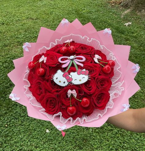 24ct hello kitty Cherry themed ramo🍒🌹 Happy National Girlfriend Day ♥️ . . . . . . #explorepage #smallbusiness #beginnerflorist #hellokittyramo #hellokitty #cherry #roses #happynationalgirlfriendday❤️ #cute #pretty Baby Flower Bouquet, Valentine Flower Bouquet, Hello Kitty Cherry, Ribbon Bouquets, Ramo Ideas, Girlfriend Day, Bouquet Basket, National Girlfriend Day, Ribbon Flowers Bouquet