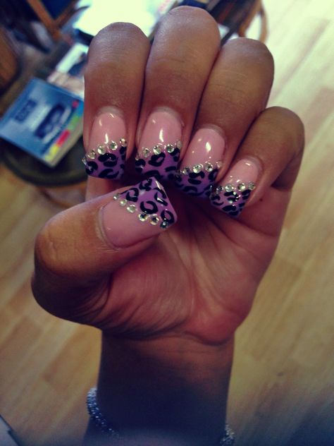 Pink and purple, leopard/cheetah print, diamond/rhinestone nails Purple Leopard Nails, Purple Leopard Print Nails, Purple Cheetah Nails, Purple Animal Print Nails, Y2k Nail Inspo Cheetah Print, Pink And Black Leapord Print Nails, Hot Pink And Black Cheetah Nails, Y2k Cheetah Print Nails, Pink Cheetah Nails Y2k