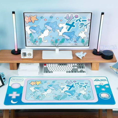 A light-blue large mouse pad that covers a large part of your desk. It shows sharks in a cute, comic drawn way and some japanese text. Long Mouse Pad, Shark Gaming Setup, Desk Mat Design, Shark Room, Shark Games, Comic Wallpaper, Computer Set, Gaming Room Decor, Desk Setups