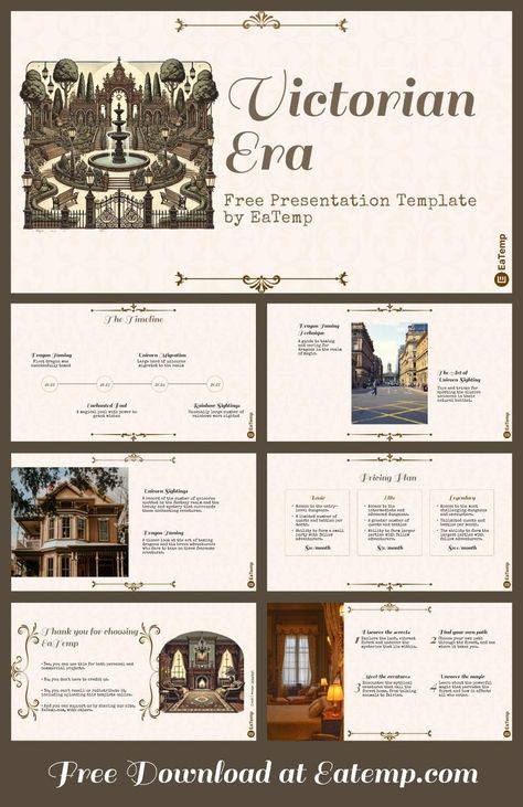 Victorian Era 13 Victorian Era Design, Victorian Era Background, Victorian Era Inspiration Board, Historical Presentation, Historical Powerpoint Design, Victorian Era Facts, Canva Aesthetic, Project Presentation, Google Slides Theme