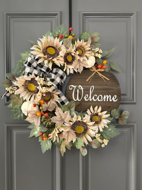 PRICES MAY VARY. This fall sunflower welcome wreath gives a rustic and elegant feel, distinguishing it from those festive fall wreaths, it's neutral and refreshing fall decor that stands out from the crowd of heavily colored fall wreaths! It is handmade with high quality artificial materials. As the picture shows, the large white sunflowers & green maple leaves are rich in detail and realistic texture, covering the whole wreath completely, it looks very full no matter which angle you view it fro Fall Sunflower Wreath, Broncos Wreath, Welcome Decoration, Moon Wreath, Fall Wreaths For Front Door, Wall Hanging Handmade, Door Porch, Front Door Porch, Porch Wall