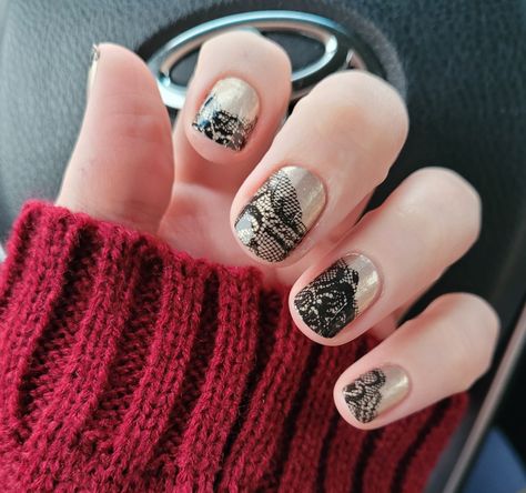 Manicure with soft gold base and beautiful black lace overlay look Dry Nail Polish, Nail Polish Set, Nail Polish Sets, Color Street, Date Night, Manicure, Nail Polish, Dress Up, Holidays