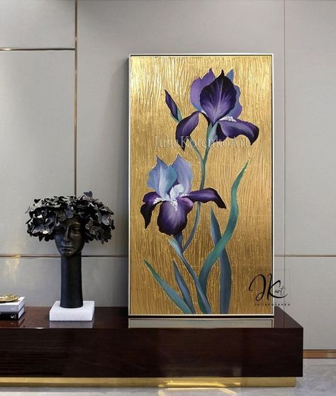 Irises Painting, Wall Art Gold Leaf, Gold Art Painting, Abstract Tree Painting, Iris Painting, Gold Wall Decor, Canvas For Beginners, Leaf Painting, Gold Leaf Art