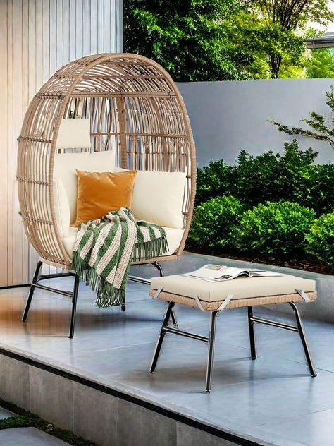 [HIGH CAPACITY OF 400 LBS]Indulge in ultimate relaxation with the robust egg chair for patio; This oversized egg chair outdoor impressively accommodates up to 400 pounds, making it an ideal retreat for individuals of all sizes [Lumbar Support & Durable ]Elevate your comfort with this ergonomic cushion designed to relieve lower back discomfort. Ottoman with all-weather PE wicker and powder coated steel frame are designed for durable & long-lasting use. [THICK AND DURABLE CUSHION]High quality cushion fabric on this outdoor egg chair does not fade when exposed to water or weather conditions; The 2 person egg chair also has a generous 3.9 inch thickness seating cushion and a 1.97 inch thickness pedal chair [Hand-woven PE wicker]This egg chaise lounge is all wrapped in hand-woven PE wicker, wit Outdoor Nest Chair, Egg Chair Outdoor, Wicker Egg Chair, Chair And Footstool, Nest Chair, Basket Chair, Balcony Bedroom, Loungers Chair, Patio Balcony