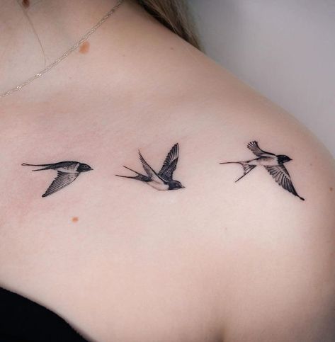 Spectacular, Soaring bird tattoos , that are surprisingly affordable. 3 Birds Tattoo Collar Bone, Wrist Swallow Tattoo, Haming Bird Tattoo Design, Collarbone Bird Tattoos For Women, Three Flying Birds Tattoo, Three Birds Flying Tattoo, Flock Birds Tattoo, 3 Swallow Bird Tattoo, 3 Black Birds Tattoo