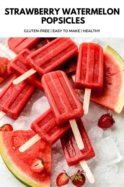 These Strawberry Watermelon Popsicles are made with only 3 ingredients, strawberry, watermelon, and lime. These popsicles are the perfect summer treat to cool you down. They're healthy, easy to make, and only 25 calories per popsicle! #glutenfreepopsicles #watermelonstrawberrypopsicles #healthypopsicles #summerrecipes Wfpb Dessert, Watermelon Popsicles Recipe, Vegan Popsicles, Best Watermelon, Healthy Popsicle Recipes, Strawberry Popsicles, Popsicles Recipe, Watermelon Popsicles, Healthy Popsicles