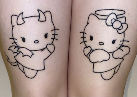 Matching Hello Kitty Tattoos Couple, Hello Kitty Couple Tattoo, Hello Kitty Cherry Tattoo, Hello Kitty Matching Tattoos, Tattoo Hello Kitty, Hk Tattoo, Hello Kitty Tattoo Ideas, Hello Kitty Tattoo, Maching Tattoos