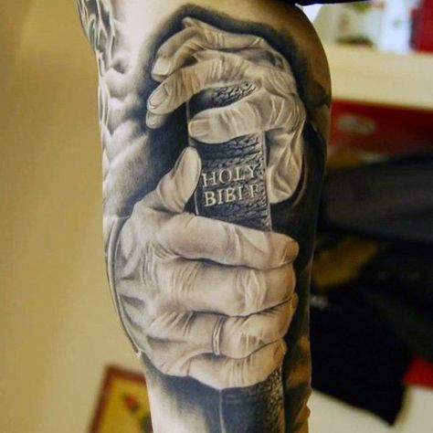 Mens Forearms Hands With Bible Religious Tattoo Ide Tattoo, Invictus Tattoo, Religious Tattoos For Men, Tattoo Christian, Angels Tattoo, Blessed Tattoos, Biblical Tattoos, Bible Tattoos, Nerdy Tattoos