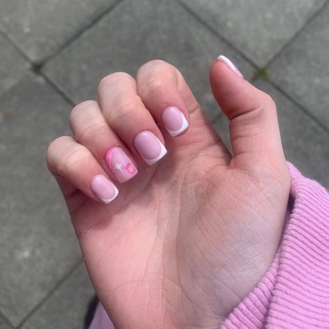 Letter C Nails, French Nails With Letters Initials, Nails With C Initial, C Initial Nails, White Frenchies, Initial Nails, C Initial, Pink Letter, Letter C