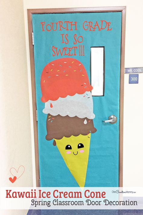 Make this easy and sweet ice cream cone to decorate your classroom for Spring! {OneCreativeMommy.com} Spring Classroom Door Ideas Ice Cream Door Decorations Classroom, Spring Classroom Door Ideas, Kindergarten Door, Room Door Ideas, Classroom Door Ideas, Spring Classroom Door, Preschool Door, Classroom Window, Spring Door Decoration