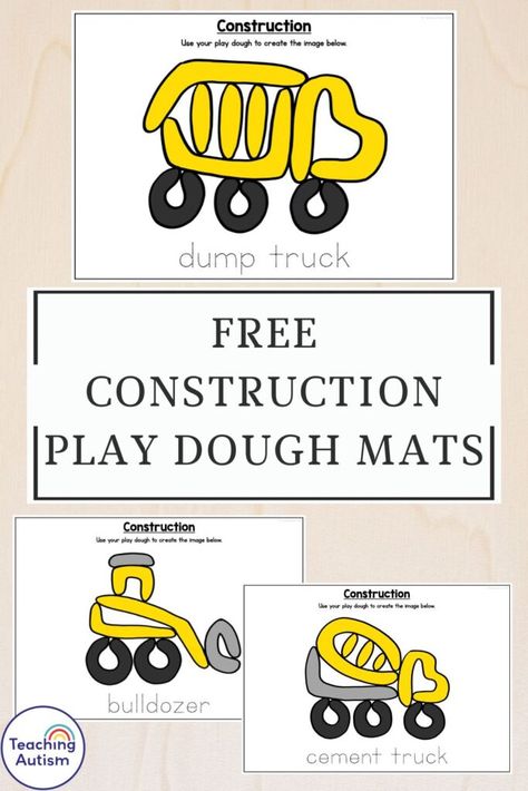 These free construction play dough mats are the perfect addition to your construction theme. At the bottom of this blog post you will find a link to download these play dough mats for free to use in your classroom.  WHAT’S INCLUDED? 9 construction theme play dough mats. INSTRUCTIONS Print out the play dough mats. Laminate each of the play dough mats. Students need to use play dough to create different types of construction vehicles and images. Provide students with a dry-w Preschool Construction, Playdoh Mats, Play Dough Mats, Construction Play, Dough Mats, Playdough Activities, Free Kindergarten Worksheets, Playdough Mats, Construction Theme