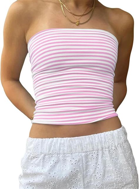 BAIGRAM Women Striped Tube Tops Summer Cute Going Out Crop Top Y2K Slim Fit Strapless Cropped Shirts Bandeau at Amazon Women’s Clothing store Vintage Preppy Aesthetic, Y2k Fashion Aesthetic, Striped Tube Top, Cute Summer Tops, Bandeau Tops, Vest Crop Top, Aesthetic Streetwear, Vintage Preppy, Tube Tops