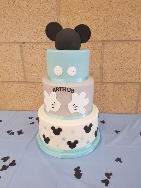 Blue and white prince mickey mouse cake for christening! Light Blue Mickey Mouse Birthday, Blue Mickey Mouse Party 1st Birthdays, Blue Mickey Mouse Cake, Mickey Mouse Cake For Boys, Mickey Mouse Cake 1st Birthday, Mickey Mouse Baby Shower Cake, Baby Mickey Mouse 1st Birthday, Baby Mickey Cake, Baby Mickey Mouse Cake