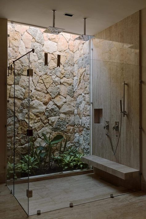 Stone Wall Shower Ideas, Resort Bathroom, Wallpaper Decor Ideas, Wallpaper Design Ideas, Zen House, Tropical Bathroom, Architectural Designer, Stone Shower, Stone Bathroom