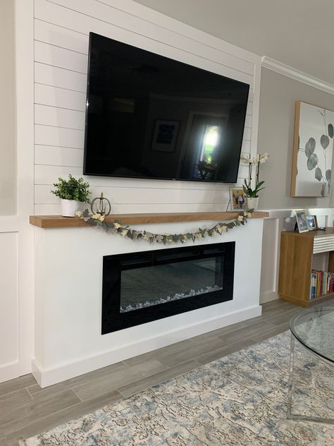 Wall Fireplace With Mantle, Wallpaper Around Electric Fireplace, Built In Shiplap Fireplace, Built In Electric Fireplace And Tv Shiplap, Beam Under Tv On Wall, Fireplace Insert With Mantle, Tv Wall Mount Ideas Over Fireplace Mantels, Small Wall Living Room Decor, Tv Wall Ideas Vaulted Ceiling