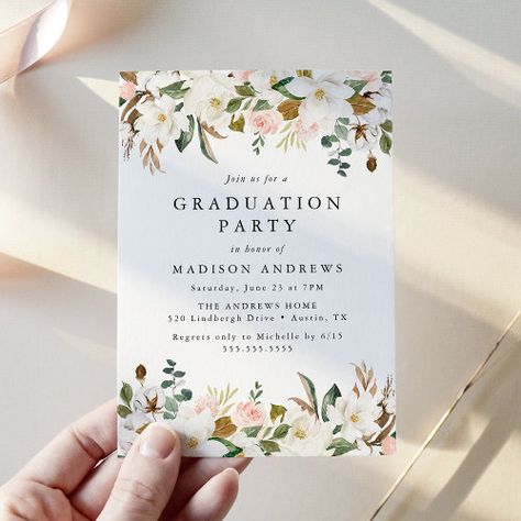 $2.92 - Elegant Magnolia and Blush Floral Graduation Party - floral graduation party, elegant graduation party, white magnolias, blush pink and white floral, garden graduation party, high school or college, floral class of 2023, botanical, watercolor floral, blush pink roses Green Sage Background, Green Graduation Party, Pink Graduation Party, Grad Party Theme, Sage Background, Floral Graduation Party, Grad Party Invitations, Blush Pink Flowers, Graduation Party Planning