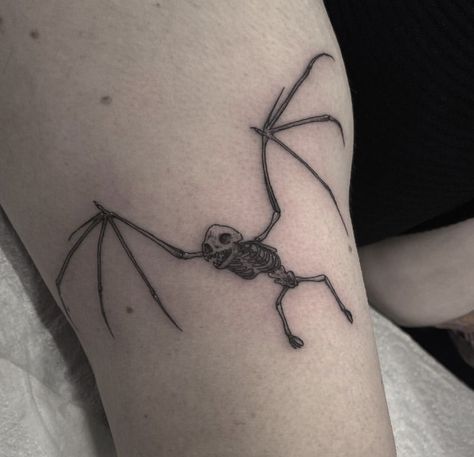 Bat Tattoo Skeleton, Bat Sketch Tattoo, Bat Skeleton Drawing, Gothic Fine Line Tattoo, Bat Skeleton Tattoo, Animal Skeleton Tattoo, Tattoo On Hip Bone, Warrior Tattoo Sleeve, Tattoo Fine Line