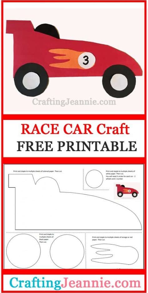 This Race Car Craft is sure to be a hit! Make enough for the classroom, a party, preschool or scouts in just about 10 minutes! Use the FREE PRINTABLE TEMPLATE to make a bunch of cars. #carcraft #racecar #vehiclecraft #tranporationcraft #CraftingJeannie Race Car Arts And Crafts, Race Car Crafts For Toddlers, Wheels Arts And Crafts, Free Race Car Printables, Car Crafts For Preschoolers, Cars Arts And Crafts For Kids, Race Car Activities For Preschool, Diy Car Craft, Race Car Crafts Preschool