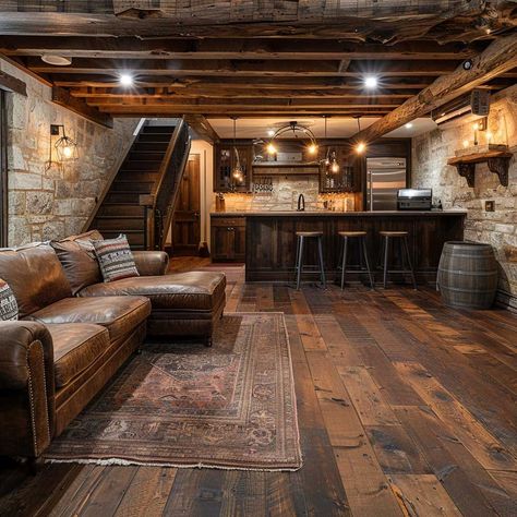 Cabin Theme Basement, Basement House Ideas, Basement Interior Design Ideas, Western Style Basement, Tavern Basement Ideas, Mancave Living Room Ideas, Crazy Basement Ideas, Basement Rustic Ideas, Basement Hardwood Floors